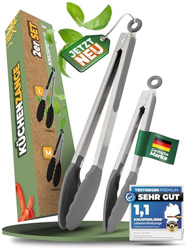 KNUSPERLIEBE® 2X Premium-Küchenzangen aus Edelstahl, ergonomische Kochzange mit Silikonspitze, 33cm & 26cm Lange Zangen, Grillzange, BPA-FREI, hitzefest, spülmaschinengeeignet, mit Verriegelung