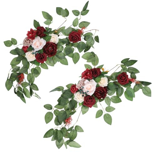 PATIKIL Wedding Arch Flowers,2Pcs Artificial Silk Faux Rose Flower Swag Floral Swags Backdrop with Leaves for Welcome Sign Ceremony Reception Party, Dark Red/Pink