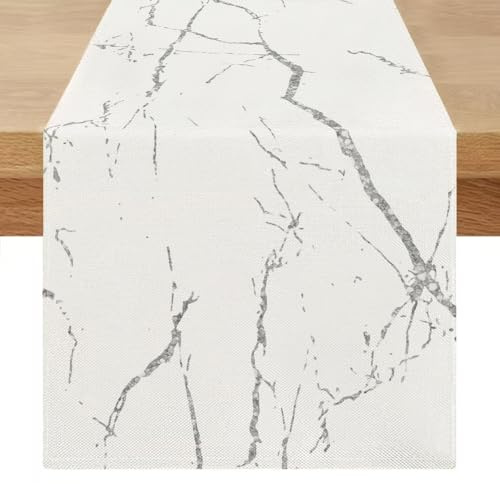 Miuyunya Moderner Tischläufer Abwaschbar 40 x 180 cm Frühlings Sommer Weiß Grau Marmor Goldene Textur Leinen Abstrakter Tischläufer für Küchentisch, Esszimmer, Kommode