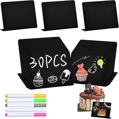 30 Stück Mini Kreidetafel Set,L-Form Preisschilder Aufsteller 100x75mm,für Nachrichtenschilder,Preisschilder Tischkarten,Buffet,Hochzeit,Party,Bäckerei,Café,5* Stift + 2* Reinigungsstoff