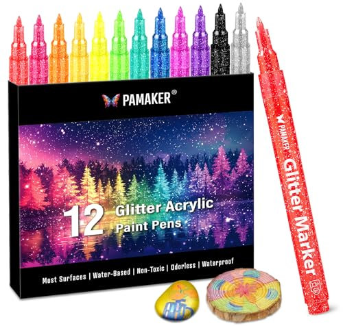 Pamaker Lot de 12 stylos acryliques à paillettes - Pointe extra fine de 0,7 mm - Feutres à paillettes à base d'eau pour travaux manuels, cartes, bois, verre, pierres et projets d'art DIY