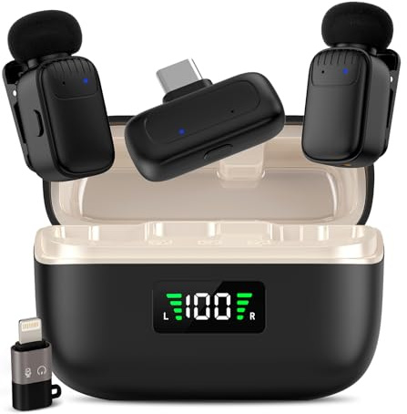 Mini Wireless Lavalier Mikrofon für iPhone/Android/iPad mit USB-C Stecker, 3-stufige Rauschunterdrückung, 30H Akkulaufzeit mit Ladekoffer, AI Voice Charger, Perfekt für Podcasting, Vlogging