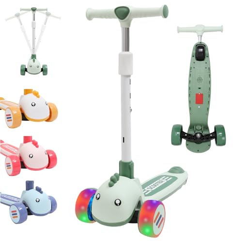 Habib Gruppe Kinderroller Tretroller - 3-Rad LED Roller, Höhenverstellbar & Faltbar, Tierdesign, Mädchen & Jungen (3-8 Jahre) - Grün