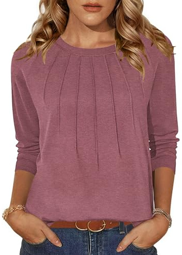 Zeagoo Damen Tshirt Langarm Oberteile Einfarbige Rundhals Shirts Casual Plissee Longshirt Herbst Basic Tops Rosa L