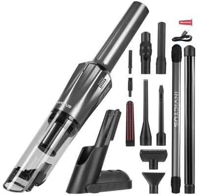 Genius Invictus ONE Prestige Deluxe Akku-Handstaubsauger Set 18 TLG, Auto Staubsauger, Saugleistung 12000 Pa, Ladestation, HEPA Filter, Kombi Düsen, Tierhaarbürste, Staubbehälter 70 ML. Farbe Grau