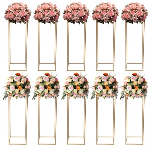 10 Pièces Supports de Fleurs de Mariage -Vase Doré Design Géométrique - Vase à Fleurs Rectangulaires - Support de Fleur Amovible - Présentoir pour Fête Mariage Décoration Maison Fête, Hauteur 80cm
