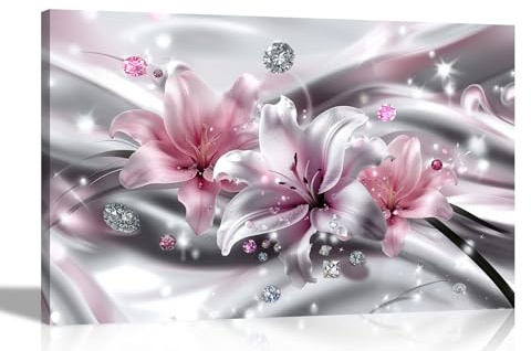 Artley Prints - Abdstract Pink Silver Lily Flowers Canvas Wall Art For Living Room, Bedroom, Hallway Prints Décor Ready to Hang Large 86 x 61cm (34 x 24 inches) A1