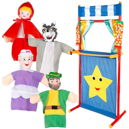 COLORBABY Cucu Show 39170 Ensemble théâtre de marionnettes Petit Chaperon Rouge, 4 marionnettes Personnages 25 cm du Conte, matériaux Doux et sûrs, Jouets pour Enfants, pour Jouer en Groupe ou Passer
