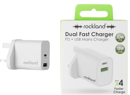 Rockland Dual Mains Charger 20W PD plus 18W USB, Fast Charging Wall Adapter for iPhone Android Tablets, Universal Power Delivery Charger, Compact Travel