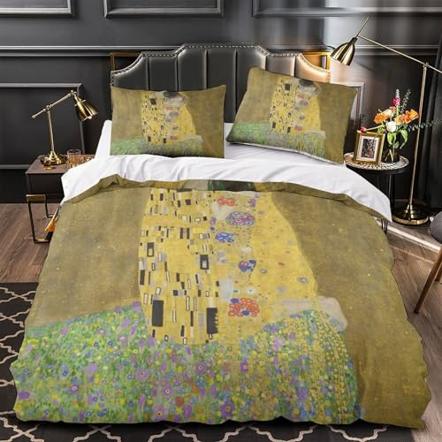 LXHASPIEO The Kiss Für Kinder Mädchen Jungen Bettwäschegarnitur 3D Gedruckter Klimt Bettbezug Set Reissverschluss Und Kissenbezüge Bettwäsche Weich Microfaser 3 Teilig Double（200x200cm）