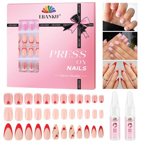144 Stück Valentinstag Pressnägel Medium, EBANKU Liebesherz Kunstnägel zum Aufkleben, rote Herz Kunstnägel mit Nagelkleber für Damen, Nagelstudio, 6 Pack, 12 Größen