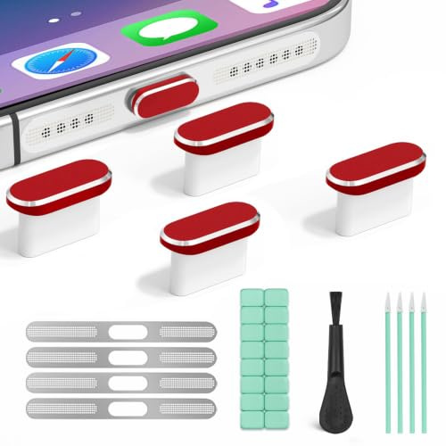 4 Pcs USB Type C Anti Dust Plugs & Speaker Cover & Cleaning Putty (Red) | Suitable For iPhone 15/16/17/Air Series, 5-in 1 Charging Port Protector Set , Also For Other Electronic Device Charging Port