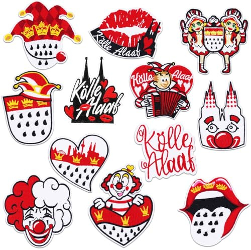12 Stück Köln Bügelbilder Karneval Rot Clown Flicken Patches zum Aufbügeln | Köln Aufnäher zum Aufbügeln Kölle Alaaf Bügelflicken Fasching Karneval Accessoires Bügelbilder für Textilien T-Shirt Jeans