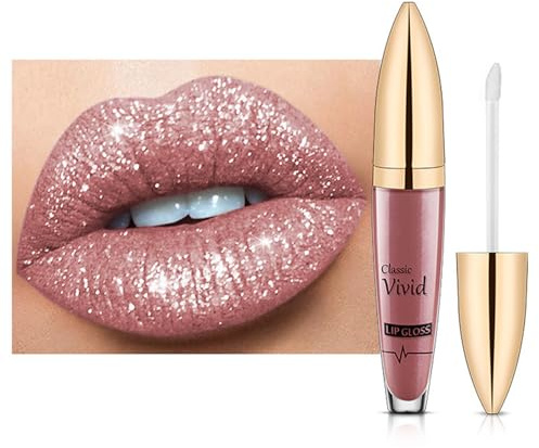 Glitzer Lipgloss Matt, Flüssig Nude Lippenstift mit Diamond Funkeln, 3D Perlglanz Lip Gloss Wasserfest & Langlebig, Hochpigmentierter Shimmer Metallic Lippen, Feuchtigkeitsspendende & Seidige Formel