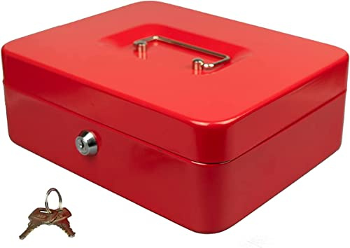 Hyfive® Steel Petty Cash Box With 2 Keys/Removable Change Tray For Perfect Secure Storage in Red 10