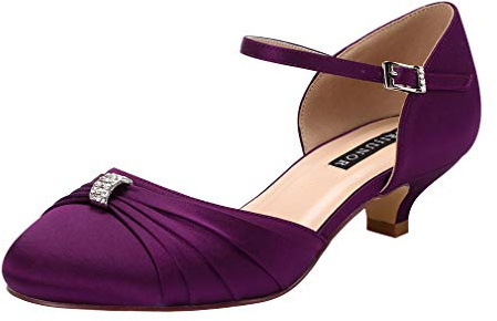 ERIJUNOR Women Comfort Low Kitten Heel Buckle Ankle Strap Satin Bridal Wedding Shoes