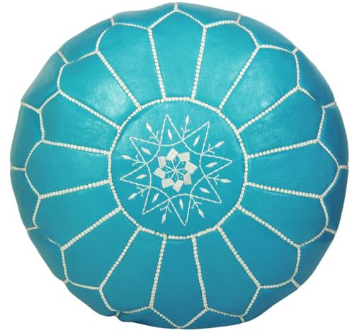 ALMADIH Leder Pouf Blau R gefüllt - Sitzkissen dunkelblau mit türkiser Ziernaht und formstabiler Füllung - marokkanische Sitzpouf Ottoman Pouf Leder Bodenkissen Sitzsack Kissen hellblau (Pouf blau)