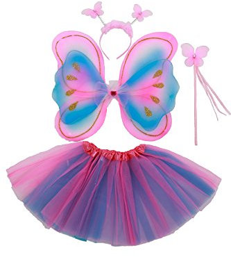 Tante Tina Schmetterling Kostüm Mädchen - 4-teiliges Mädchen Kostüm Schmetterling mit Tüllrock , Flügel , Zauberstab und Haarreif - Pink / Violett / Blau - geeignet für Kinder von 2 bis 8 Jahren