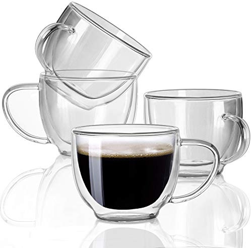 BNUNWISH Juego de 4 tazas de café Expresso de vidrio de doble pared (7 onzas/200 ml), tazas de café transparentes aisladas con capuchino