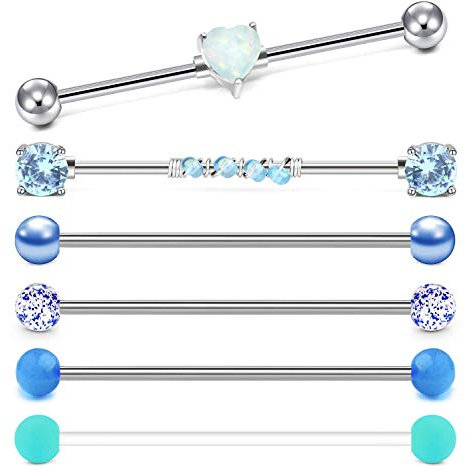 Rajnard Industrial Piercing Langhantel Ohrringe 14G Chirurgische Edelstahl Opal Herzgerüst Industrial Piercing Schmuck Klare Haltestange 35mm 38mm für Frauen Männer Silber