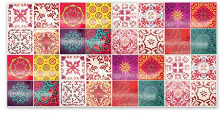 WALPLUS 32 Stück 15.4x15.4cm Marokkanische Rose Mandala Mix Rot 3D-Fliesenaufkleber Abziehen und Aufkleben Backsplash Abziehbilder Startseite Dekore Aufkantung für Küche Badezimmer Kacheln Farbe auf
