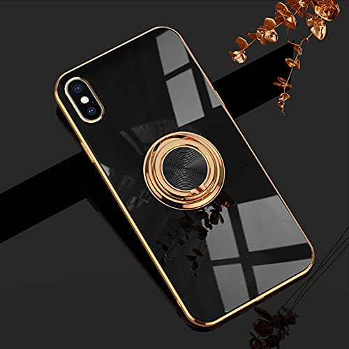 Omorro Für schwarze iPhone X/Xs Hülle für Frauen Ringhalter, 360 TPU Rotation Kickstand Ringe Hüllen mit Ständer Glitzer Plating Rose Gold Edge Arbeit mit Magnet Mount Slim Sleek Luxus Case Girly