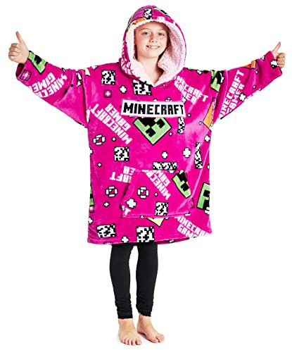 MINECRAFT Felpa Bambino - Coperta Felpa Oversize in Pile con Cappuccio Gadget Regalo Originale (Rosa)