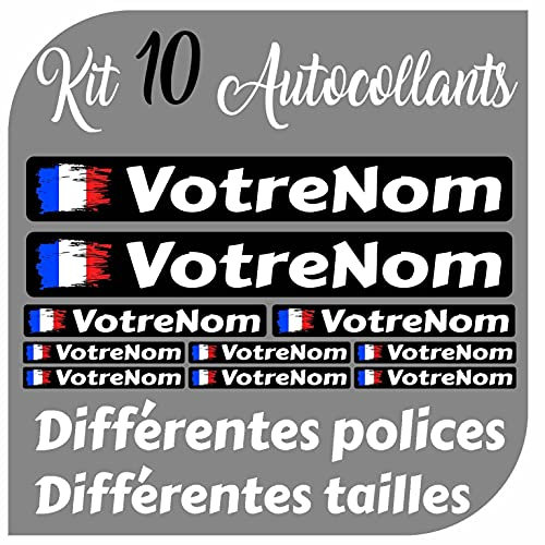 CrisPhy Autocollants x10 en Vinyle avec Drapeau France + Votre nom - Vélo, Casque, Pelle à Roue, Planches à roulettes, Voiture, Moto, etc. Kit de 10 Vinyle (Font Pack 2)