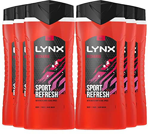 6 Pack of 500ml Lynx Recharge Shower Gel 3 in 1 Sport Refresh with Arctic Mint & Cool Spices BodyWash with Plant-based Moisturisers, Keep Smelling Irresistible!