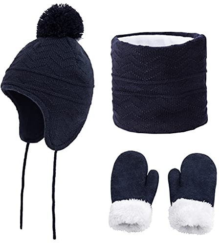 CheChury Bambino Cappello Inverno Sciarpa e Guanti 3 Pezzi Set Infantile Cappello a Maglia Berretto Fodera in Pile Polare con Pompon per Neonato Ragazze Ragazzi 1 a 6 anni,Marino,L