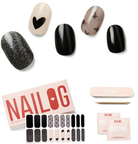 NAILOG Semi Cured Gel Nail Strips, Extra Long Nail Polish Strips (20 Pieces), Long Lasting Semi Cured Nail Stickers with Soft Glossy Gel Finish, Black Little Heart