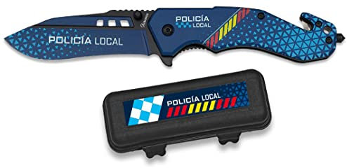 Martinez Albainox AB Navaja POLICIA LOCAL con hoja de acero inoxidable de 8,5 cm y empuñadura con diseño 3D Caza, Pesca, Camping, Outdoor, Supervivencia y Bushcraft + Portabotellas de regalo