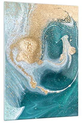 Bilder auf Glas Golden Türkis Hintergrund Glasbild 50x70cm Wandbilder Dekoration Wohnzimmer Schlafzimmer Küche Deko Klein Wanddeko Bild im Glas Wand Kunstdruck Art Modern Wall Decor GPA50x70-4969