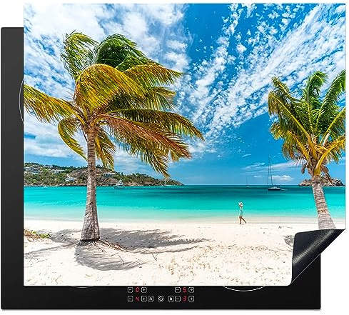 MuchoWow© Protège-plaque à induction | 60x52 cm - Plaque Protection Vitrocéramique Induction - Vinyl - Plage - Palmiers - Nuages - Couvre Plaque de Cuisson