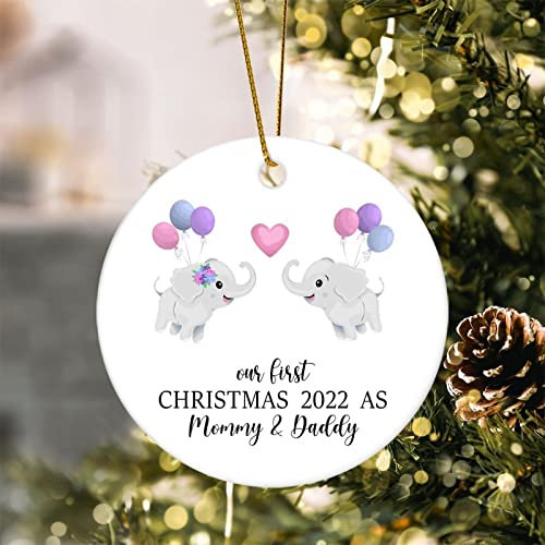 First Christmas As Mommy Daddy Weihnachten Porzellan Ornament Elefant Urlaub Andenken Weihnachtskranz 8,1 cm beidseitig bedruckt Verlobtes Paar Geschenk Verlobung Andenken Ornament für verlobte Paare