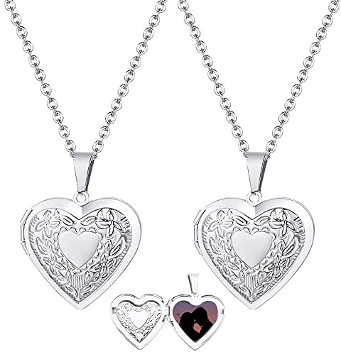 Weenkeey 2 Stück Herz Medaillon Halskette Öffnen Photo Bilder Herzanhänger Halskette Edelstahl Herzanhänger Amulett Speicher Anhänger Halskette für Frauen Mädchen - Blumen Muster Stil 1