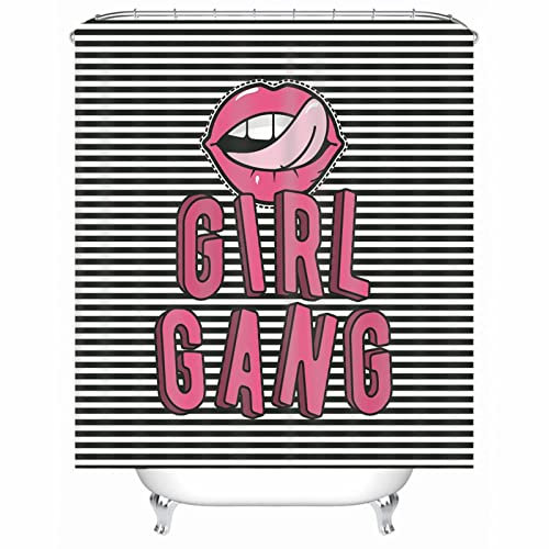 EHOMERY Duschvorhangu Duschrollo Extra Lang Mundzungenform „Girl Gang“ Polyester Weiß Schwarz Rostfreie Ösen Und 12 Hakenringe, 120X180Cm