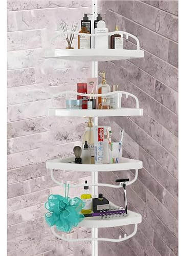 Sempicad Shower Caddy, Shower Caddy Tension Pole with 4 ABS Baskets,Shower Storage Shelf with 56 to 125 Inch Adjustable Stainless Pole for Bathroom White