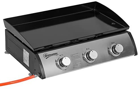 Outsunny Piastra Barbecue a Gas con 3 Bruciatori, BBQ Antiaderente da Tavolo con Piedini Regolabili, Potenza 9kW, 62x46x21cm, Nero