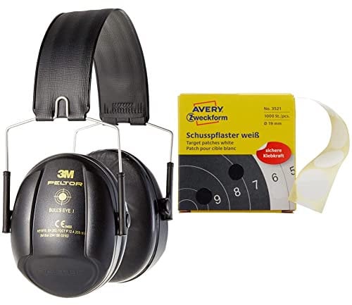 Peltor Bulls Eye I Hearing Protector Black & AVERY Zweckform 3521 Schusspflaster 1.000 Stück (Ø19mm, Zielscheibe, Schießsport, Schützensport, Schützenverein, Schützenscheibe, runde Aufkleber) weiß