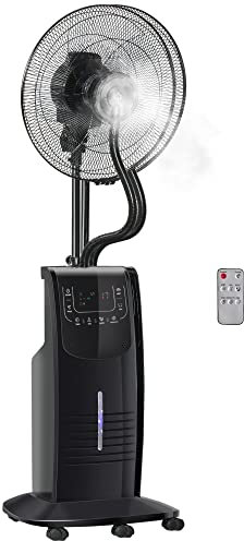 HOMCOM Ventilador de Pie Oscilante con Nebulizador 90W Iones Negativos Control Remoto 5 Aspas Tanque de Agua 3,1 L 3 Velocidades Temporizador y Ruedas 44,5x44,5x135 cm Negro