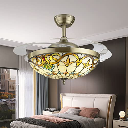 ATEEZ Ventilatore da Soffitto con Luce e Telecomando Tiffany 6 velocità Reversibile Plafoniera con Ventilatore 3 Colori Invisibile Pale Retrattile Lampadario Ventilatore per Soggiorno Cameretta-A