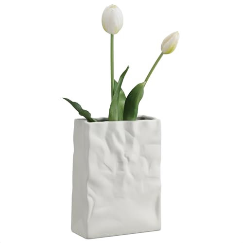 Navaris Vaso a Forma di Borsa per Fiori - Vaso Gres Beige - Vasi Decorativi Interno Moderni - Arredamento Casa Moderno - 14,5 x 6,5 x 20 cm