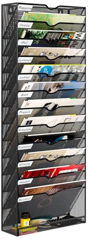 PAG-Mass 13 Fächern Wandorganizer Hängend Dokumentenablage,Metall Zeitschriftenhalter Wand für Büro/Zuhause/Schule,Gibt Ein Zusätzliches Mit Flachem Boden Für Lagerung,Schwarz