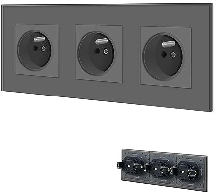 BSEED Prise Murale,Prises electriques Standard avec des griffes,16A 110-250V Triple Prise de Courant Alternatif avec Panneau en Verre Cristal,Prise Encastrable, pour Bureau à Domicile(3 Prise,Gris)