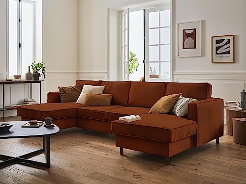 Lisa Design Jake – Wohnlandschaft U-Form – 7-Sitzer – mit Schlaffunktion und Bettkasten – aus Cord Rostfarben