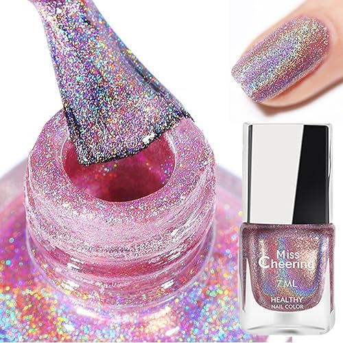 Holographic Pink Glitter Gel Nail Polish,Diamond Sparkle Chunky Glitter Soak Off UV LED Nail Gel Polish,Long Lasting Shiny Iridescent Nail Polish,Natural Shimmer Nail Art Home DIY Manicure Nail Salon