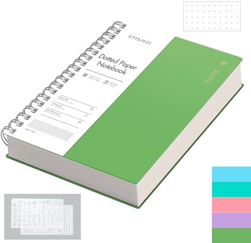 EMSHOI B5 Spiral Notebook Bullet Dotted Journal, 300 Pages/150 Sheets, 100gsm Dot Grid Paper, Waterproof Hardcover, Wirebound Notepad for Office School Women Men Work Writing,19 x 25 cm, Green