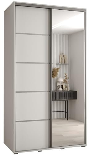 MEBLE KRYSPOL Davos 5 130 Schrank mit Zwei Schiebetüren für Schlafzimmer - Moderner Schrank mit Spiegel, Kleiderstange und Regalen - 235,2x130x60 cm - Weiß Weiß Silber