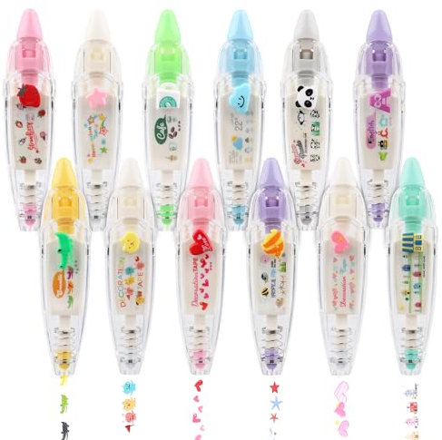 NQEUEPN 12 Pièces Stylo Ruban Décoratif, Mignon Stylo Décoratif de Type Presse Animaux Bricolage Créatif Ruban Correcteur de Dessin Animé pour Garçon Filles Cadeau Récompenses de Classe (12 Thèmes)